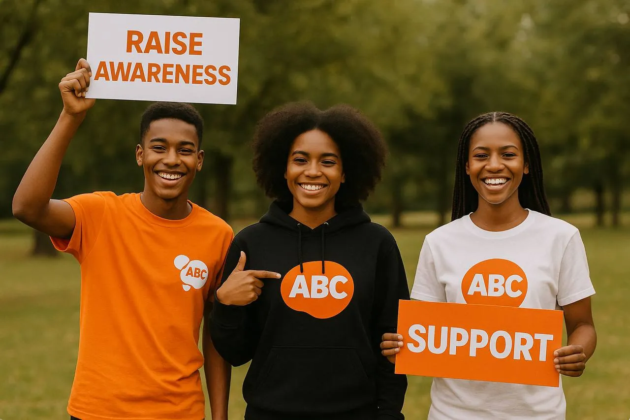 ABC Club members holding Raise Awareness and Support signs