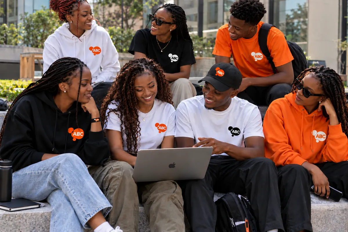 ABC Club members in ABC hoodies, T-shirts and caps gathered around a laptop