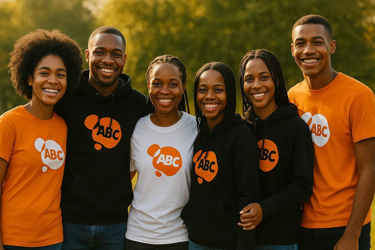 Six ABC Club members standing together in ABC Club T-shirts and hoodies